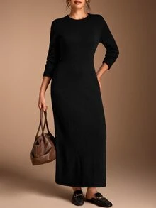 SHEIN BASICS Women's Solid Color Round Neck Long Sleeve Elegant Classy Basic Simple Minimalist Casual Knit Dress Black Going Out Dinner Office Fall - Black - View 2