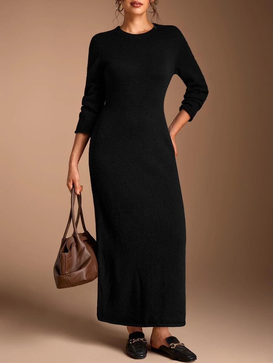 SHEIN BASICS Women's Solid Color Round Neck Long Sleeve Elegant Classy Basic Simple Minimalist Casual Knit Dress Black Going Out Dinner Office Fall