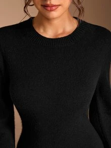 SHEIN BASICS Women's Solid Color Round Neck Long Sleeve Elegant Classy Basic Simple Minimalist Casual Knit Dress Black Going Out Dinner Office Fall - Black - View 9