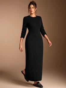 SHEIN BASICS Women's Solid Color Round Neck Long Sleeve Elegant Classy Basic Simple Minimalist Casual Knit Dress Black Going Out Dinner Office Fall - Black - View 6