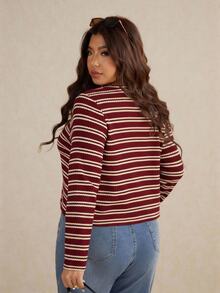 Elaquor Plus Size Casual Striped Button Front Long Sleeve T-Shirt, Spring Fall - Rose Red - View 2