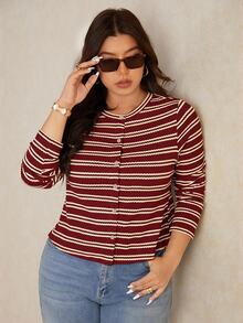 Elaquor Plus Size Casual Striped Button Front Long Sleeve T-Shirt, Spring Fall - Rose Red - View 3