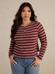 Elaquor Plus Size Casual Striped Button Front Long Sleeve T-Shirt, Spring Fall - Rose Red - View 8