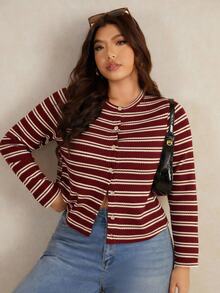 Elaquor Plus Size Casual Striped Button Front Long Sleeve T-Shirt, Spring Fall - Rose Red - View 10