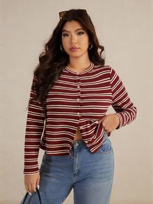 Elaquor Plus Size Casual Striped Button Front Long Sleeve T-Shirt, Spring Fall - Rose Red - View 7