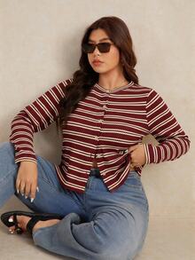 Elaquor Plus Size Casual Striped Button Front Long Sleeve T-Shirt, Spring Fall - Rose Red - View 6