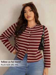 Elaquor Plus Size Casual Striped Button Front Long Sleeve T-Shirt, Spring Fall - Rose Red - View 11