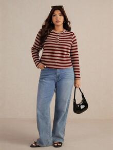 Elaquor Plus Size Casual Striped Button Front Long Sleeve T-Shirt, Spring Fall - Rose Red - View 4