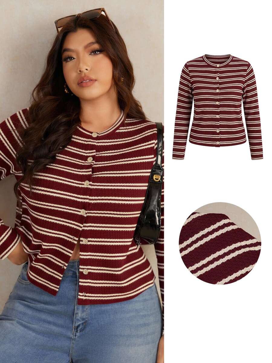 Elaquor Plus Size Casual Striped Button Front Long Sleeve T-Shirt, Spring Fall - Rose Red - View 1