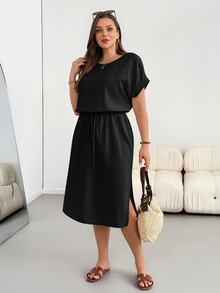 Shapeblank Plus-Size Women's Summer Fashionable Casual Loose Comfortable Everyday Slimming Midi Dress - Black - View 5