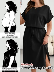 Shapeblank Plus-Size Women's Summer Fashionable Casual Loose Comfortable Everyday Slimming Midi Dress - Black - View 1