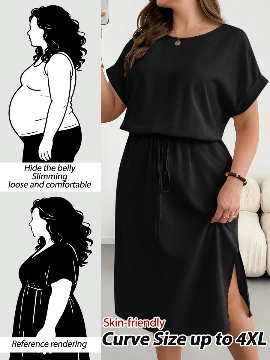 Shapeblank Plus-Size Women's Summer Fashionable Casual Loose Comfortable Everyday Slimming Midi Dress - Black - View 1