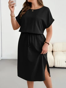 Shapeblank Plus-Size Women's Summer Fashionable Casual Loose Comfortable Everyday Slimming Midi Dress - Black - View 3