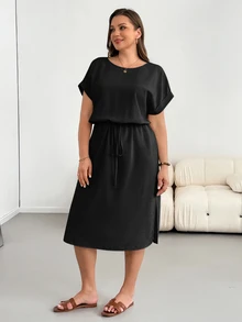 Shapeblank Plus-Size Women's Summer Fashionable Casual Loose Comfortable Everyday Slimming Midi Dress - Black - View 4