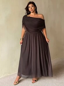 Auralis New Summer Brown Off Shoulder Ruffle Neck Metal Buckle Decor Plus Size Cinched Waist Flared Mesh Double Layer Dress Elegant Commute Evening Formal - Brown - View 8