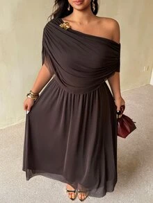 Auralis New Summer Brown Off Shoulder Ruffle Neck Metal Buckle Decor Plus Size Cinched Waist Flared Mesh Double Layer Dress Elegant Commute Evening Formal - Brown - View 2