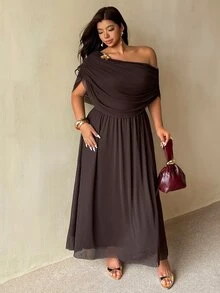 Auralis New Summer Brown Off Shoulder Ruffle Neck Metal Buckle Decor Plus Size Cinched Waist Flared Mesh Double Layer Dress Elegant Commute Evening Formal - Brown - View 5