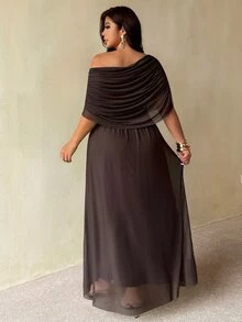 Auralis New Summer Brown Off Shoulder Ruffle Neck Metal Buckle Decor Plus Size Cinched Waist Flared Mesh Double Layer Dress Elegant Commute Evening Formal - Brown - View 3