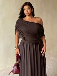 Auralis New Summer Brown Off Shoulder Ruffle Neck Metal Buckle Decor Plus Size Cinched Waist Flared Mesh Double Layer Dress Elegant Commute Evening Formal - Brown - View 6