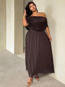 Auralis New Summer Brown Off Shoulder Ruffle Neck Metal Buckle Decor Plus Size Cinched Waist Flared Mesh Double Layer Dress Elegant Commute Evening Formal - Brown - View 7