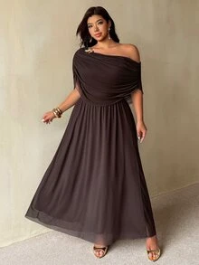 Auralis New Summer Brown Off Shoulder Ruffle Neck Metal Buckle Decor Plus Size Cinched Waist Flared Mesh Double Layer Dress Elegant Commute Evening Formal - Brown - View 4