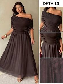 Auralis New Summer Brown Off Shoulder Ruffle Neck Metal Buckle Decor Plus Size Cinched Waist Flared Mesh Double Layer Dress Elegant Commute Evening Formal - Brown - View 10