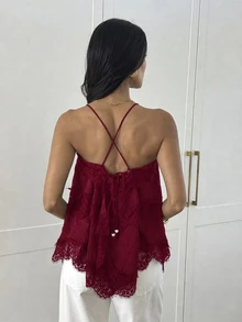Aloruh Women's Lace Patchwork Casual Daily Outing Halter Top - Burgundy - View 2