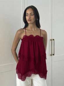 Aloruh Women's Lace Patchwork Casual Daily Outing Halter Top - Burgundy - View 3