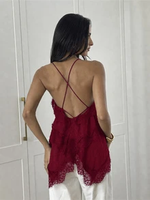 Aloruh Women's Lace Patchwork Casual Daily Outing Halter Top - Burgundy - View 7