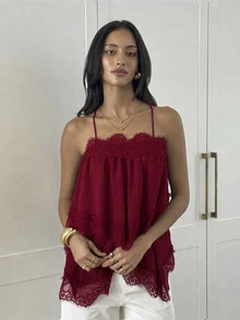 Aloruh Women's Lace Patchwork Casual Daily Outing Halter Top - Burgundy - View 5