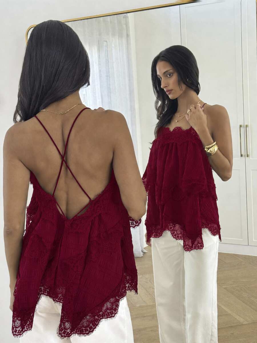 Aloruh Women's Lace Patchwork Casual Daily Outing Halter Top - Burgundy - View 1