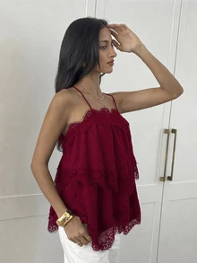 Aloruh Women's Lace Patchwork Casual Daily Outing Halter Top - Burgundy - View 6