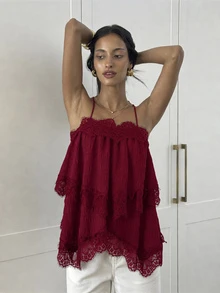 Aloruh Women's Lace Patchwork Casual Daily Outing Halter Top - Burgundy - View 4