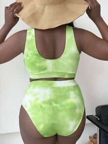 SHEIN Swim Curve 大码女式两件套扎染印花比基尼泳衣，时尚休闲度假装 - 綠色 - 查看 2