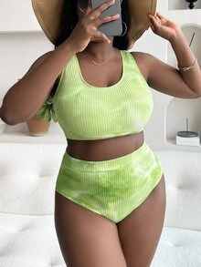 SHEIN Swim Curve 大码女式两件套扎染印花比基尼泳衣，时尚休闲度假装 - 綠色 - 查看 1