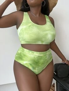 SHEIN Swim Curve 大码女式两件套扎染印花比基尼泳衣，时尚休闲度假装 - 綠色 - 查看 4
