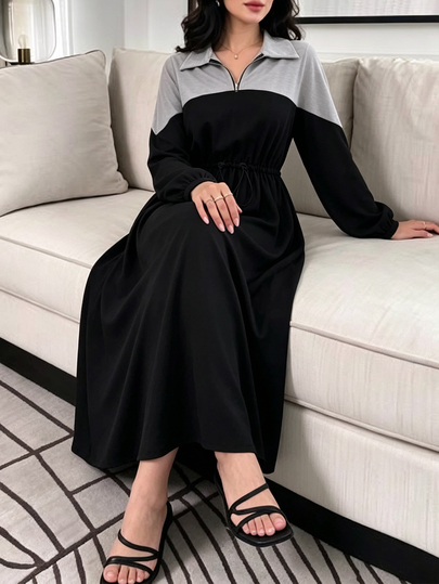 Al Najma Women's Minimalist Casual Black Gray Colorblock Mid-Length Dress With Elastic Waist Travel Vacation Autumn Brunch