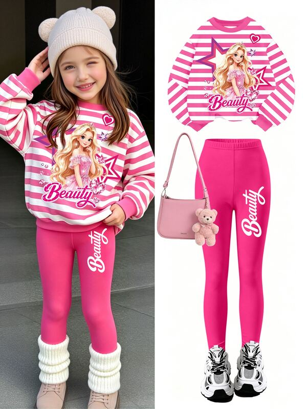 Autumn/Winter Girls Toddler Casual Cute Rose Red & White Striped Bling-Bling Long Hair Princess Graphic Crew Neck Sweatshirt & Leggings Set