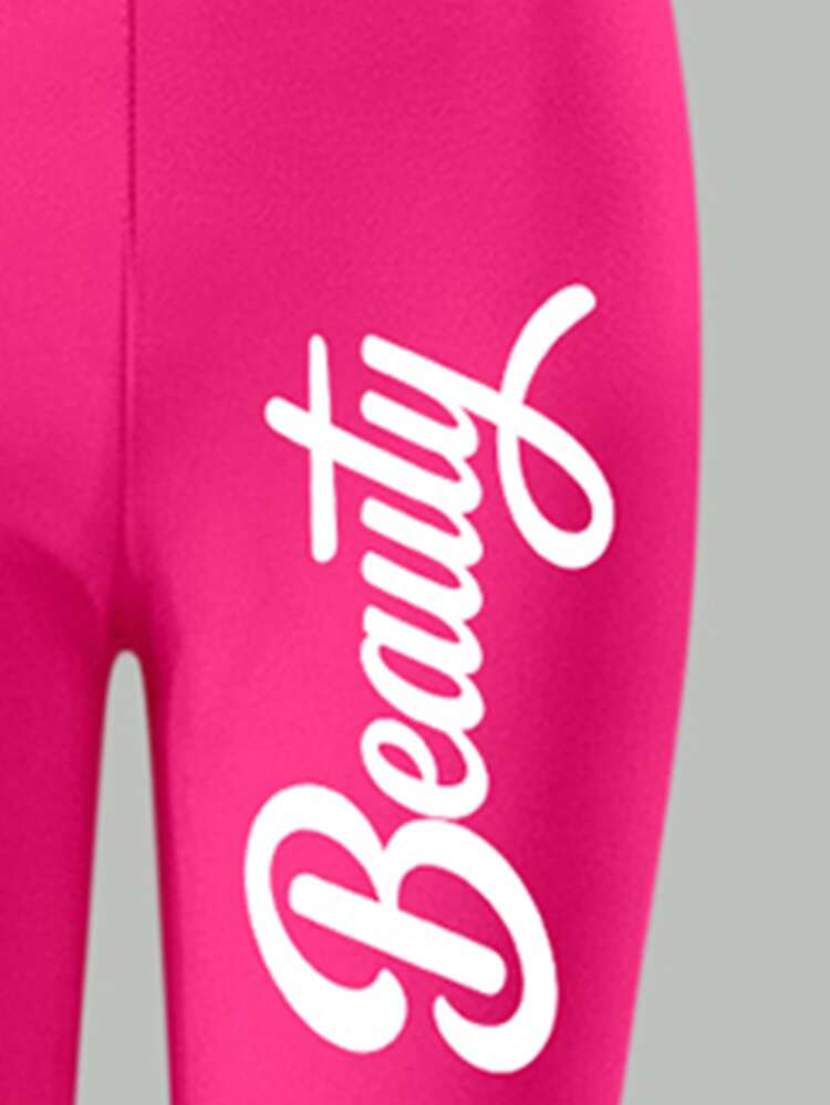 Autumn/Winter Girls Toddler Casual Cute Rose Red & White Striped Bling-Bling Long Hair Princess Graphic Crew Neck Sweatshirt & Leggings Set - Multicolor - View 5