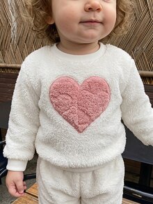 SHEIN Vintaside Kids 2件組幼兒女嬰毛絨衛衣 可愛甜美公主風 粉色白色 3D愛心 絨毛長袖圓領加厚 生日冬季秋季夾克 羅紋 - 白色 - 查看 5
