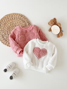 SHEIN Vintaside Kids 2件組幼兒女嬰毛絨衛衣 可愛甜美公主風 粉色白色 3D愛心 絨毛長袖圓領加厚 生日冬季秋季夾克 羅紋 - 白色 - 查看 7