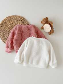 SHEIN Vintaside Kids 2件組幼兒女嬰毛絨衛衣 可愛甜美公主風 粉色白色 3D愛心 絨毛長袖圓領加厚 生日冬季秋季夾克 羅紋 - 白色 - 查看 3