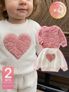 SHEIN Vintaside Kids 2件組幼兒女嬰毛絨衛衣 可愛甜美公主風 粉色白色 3D愛心 絨毛長袖圓領加厚 生日冬季秋季夾克 羅紋 - 白色 - 查看 2