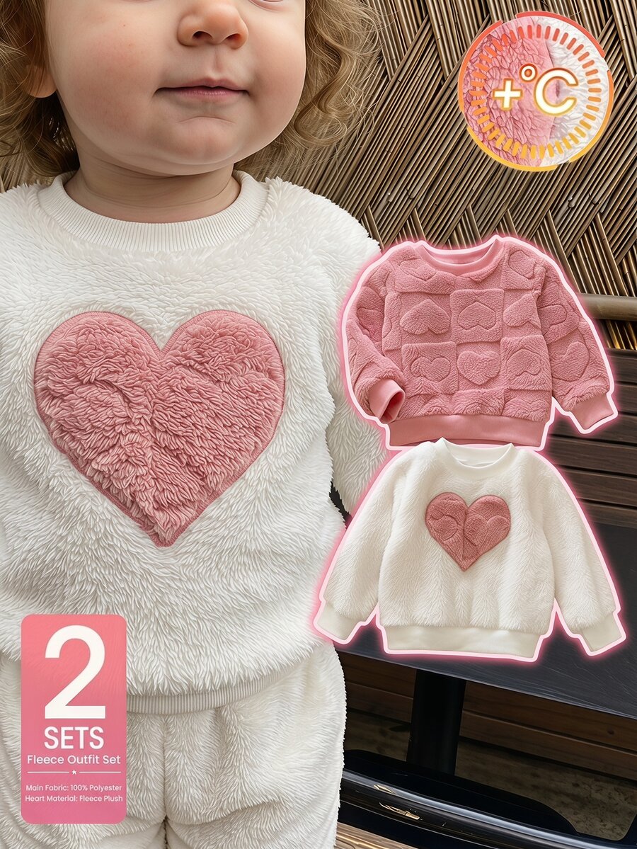 SHEIN Vintaside Kids 2件組幼兒女嬰毛絨衛衣 可愛甜美公主風 粉色白色 3D愛心 絨毛長袖圓領加厚 生日冬季秋季夾克 羅紋