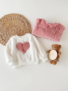 SHEIN Vintaside Kids 2件組幼兒女嬰毛絨衛衣 可愛甜美公主風 粉色白色 3D愛心 絨毛長袖圓領加厚 生日冬季秋季夾克 羅紋 - 白色 - 查看 10