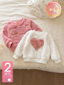 SHEIN Vintaside Kids 2件組幼兒女嬰毛絨衛衣 可愛甜美公主風 粉色白色 3D愛心 絨毛長袖圓領加厚 生日冬季秋季夾克 羅紋 - 白色 - 查看 4