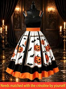 Rometta Plus Size Women's New Halloween Pumpkin & Bat Fun Print A-Line Cinched Waist Double Strap Colorblock Cami Dress - Multicolor - View 4