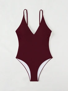 Swim Mod Traje de baño de una pieza elegante de unicolor con tirantes finos y escote en V profundo, ajustado, color borgoña, primavera/verano 2026 para mujeres - Burdeos - Ver 5