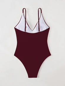 Swim Mod Traje de baño de una pieza elegante de unicolor con tirantes finos y escote en V profundo, ajustado, color borgoña, primavera/verano 2026 para mujeres - Burdeos - Ver 3