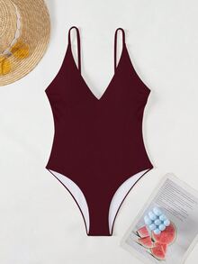 Swim Mod Traje de baño de una pieza elegante de unicolor con tirantes finos y escote en V profundo, ajustado, color borgoña, primavera/verano 2026 para mujeres - Burdeos - Ver 2